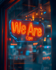 A neon sign that says "We Are Open" in a storefront window.