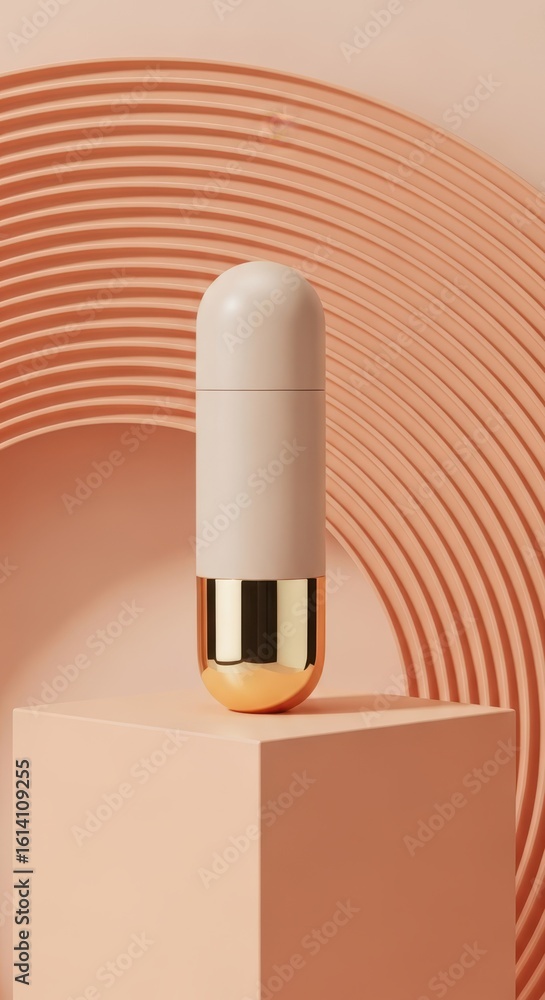 Poster a cylindrical container with a golden base sits on a cube against a curved background