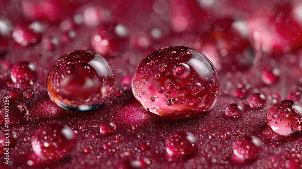 Aufkleber two large, shiny, red droplets of water on a surface. the droplets are surrounded by smaller droplet