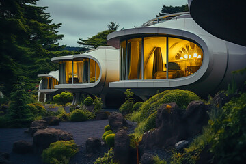 Futuristic House With Large Window and Circular Roof