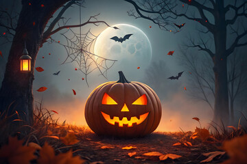 AI-Generated Halloween Forest Scene with Jack-O'-Lantern, Full Moon, and Bats