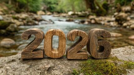 The year 2026 is written in wooden letters on a rock near a river. Concept of permanence and stability, as the letters are carved into the rock and will remain there for years to come