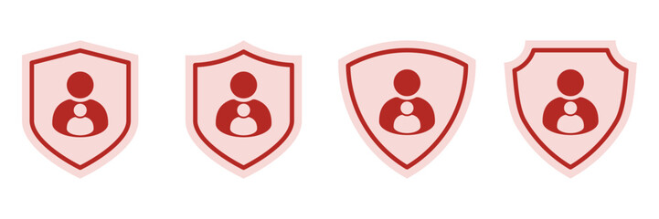 Family protection icons set. Red family shield symbols. Parental care, family security, child safety concepts. Flat design vector icons for insurance, health, or social services.