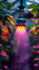 A purple and orange light illuminates water spraying from a nozzle among plants.