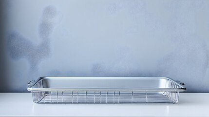 A rectangular metal wire basket on a white surface against a gray wall.