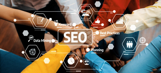 Startup company employee team stacking hand together symbolize successful group of business...