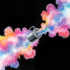 Colorful spray can releasing vibrant paint clouds on black background  
