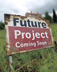 A rusty sign reading 'Future Project Coming Soon' in a grassy field, with a house visible in the background.