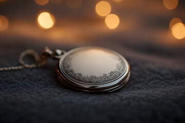 A silver pocket watch with a chain rests on a dark gray fabric. Warm bokeh lights are in the background.