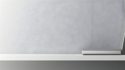 A silver laptop rests on a white shelf against a gray wall.