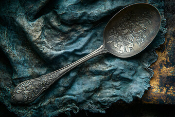 A silver spoon rests on a textured blue fabric.
