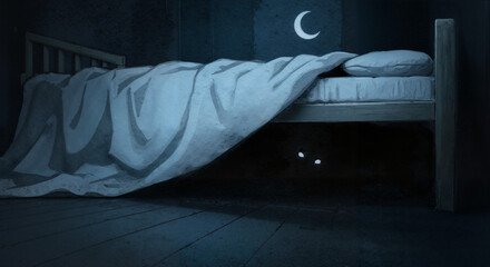 Dark bedroom scene with a bed and mysterious eyes underneath, Halloween  