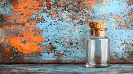 A small, clear glass bottle with a cork stopper sits on a rustic wooden surface against a textured background.