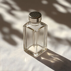 A small, clear glass bottle with a silver cap sits on a white surface.