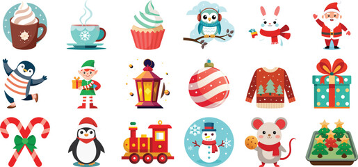 Cheerful Christmas cartoon icons:  Santa, elf, penguins, snowman, treats, and festive gifts.