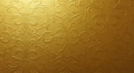 Elegant golden background with a luxurious embossed floral damask ornamental pattern.