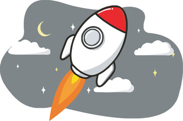 Kids rocket illustration in a night sky background with moon, clouds and stars .eps