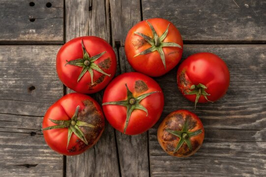 Decaying tomatoes infected with phytophthora infestans showing late blight symptoms, spreading fungal damage across rotten produce on rustic wooden surface