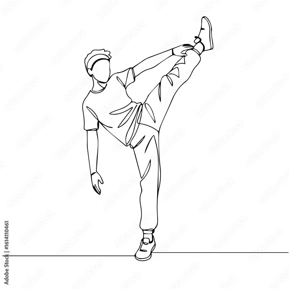 Poster flexible pose with continuous line drawing depicting a dancer in flexible pose with dynamic posture.