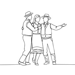 Continuous line drawing of folklore dance. Single continuous line drawing of traditional dancers in folklore dance, celebrating their heritage and artistic expression with a cultural celebration.