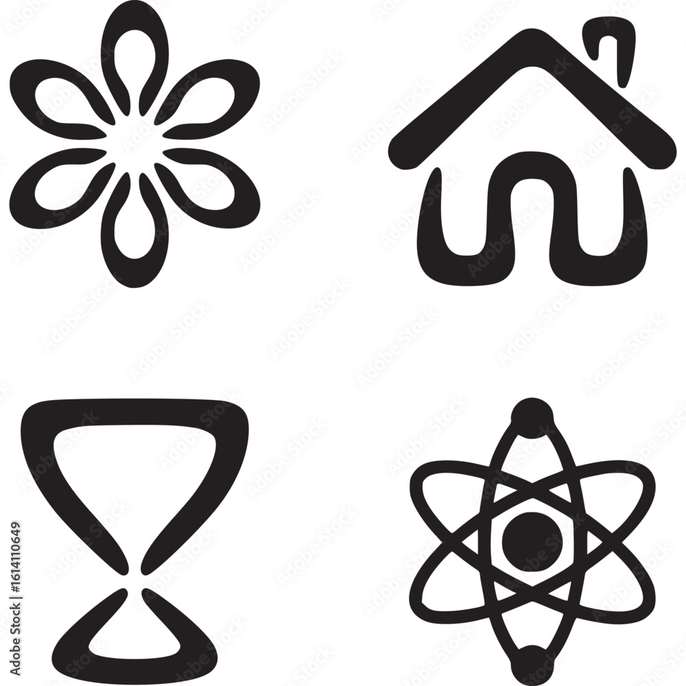 Poster four black icons arranged in a square pattern on a white background including flower house time and 