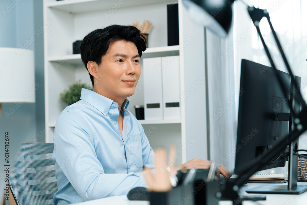 Poster serious smart businessman working on computer to check email with business project report, analyzing
