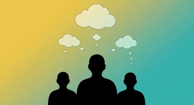 Silhouetted Figures with Thought Bubbles on Gradient Background: Conceptual Illustration