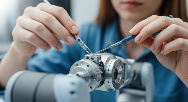 Closeup of hands assembling robotic arm components with precision tools.