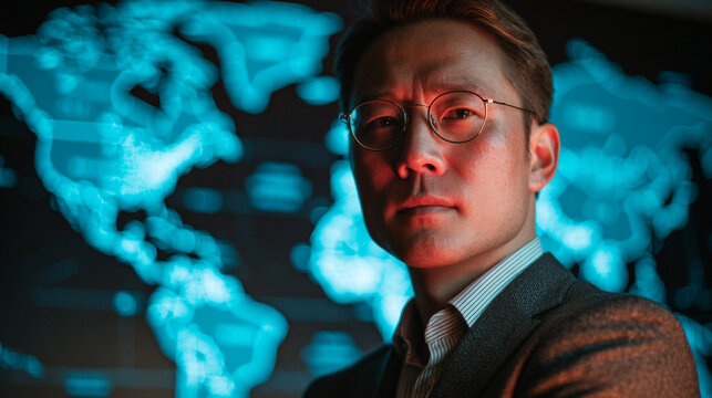 An intelligent asian businessman wearing glasses looks intently forward with a glowing blue world map display