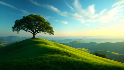 Obraz premium Serene Hillside with Lone Tree Under Clear Sky, Tranquil Hilltop with Greenery and Blue Sky