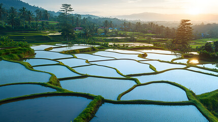Aerial view of rice terraces in a mountainous region at sunrise.