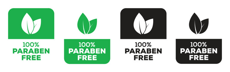 100 Percent Paraben Free Label Set with Leaf Icon in Green and Black for Skincare Packaging