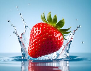 Strawberry splash: A fresh strawberry is submerged in water, creating a stunning display of vibrant color and dynamic movement. Capturing a moment of freshness and sensory delight.
