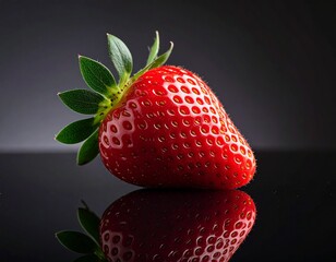 Radiant Red: A luscious, photorealistic strawberry stands out against a dark reflective surface, its vibrant red hue glistening under the spotlight, a perfect representation of nature's bounty.