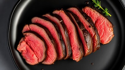 Juicy sliced beef steak on a black plate, showcasing gourmet dining and culinary excellence.