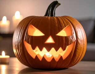 Jack-o'-lantern: A spooky jack-o'-lantern carved with a grinning face, illuminated by candles, evokes a sense of mystery and fright in the darkness. 