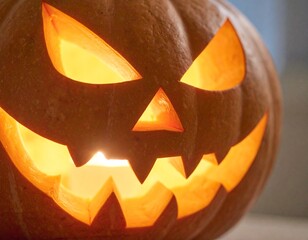 Sinister Pumpkin Lantern: A close-up shot of a carved jack-o'-lantern, its sinister face illuminated by the eerie glow of candlelight. Capture the essence of autumn.