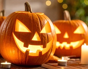 Enchanting Carved Pumpkins: Two intricately carved pumpkins with glowing faces. flickering candles creating an eerie atmosphere of festive decorations and autumn vibes.