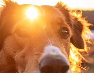 Dog bathed in Sunlight: A close-up portrait of a friendly dog, basking in the golden light of the setting sun, its expressive eyes capturing the warmth and serenity of a beautiful day.