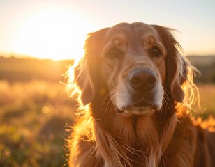 Golden Dog at Sunset: A serene golden retriever is bathed in the warm embrace of the setting sun, showcasing its beautiful features in a natural outdoor environment.