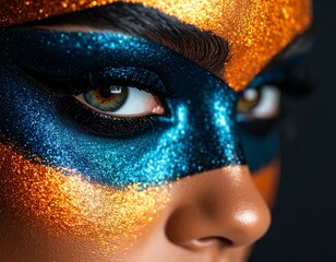Glamourous Eye Makeup: A close-up, captivating beauty shot showcases a woman's stunning eye, meticulously adorned with dazzling blue and gold makeup, radiating elegance and confidence.