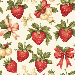 Retro Coquette Strawberry Bow Seamless Pattern isolated on background