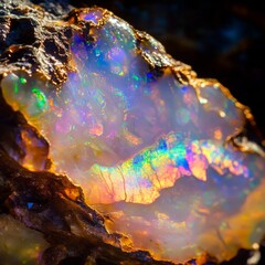 Macro shot of a single uncut opal showcasing its vibrant play of color. Captures the gem's natural brilliance and iridescent hues.