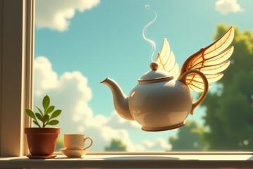 A whimsical teapot with wings hovers by a window, surrounded by greenery and sunlight.