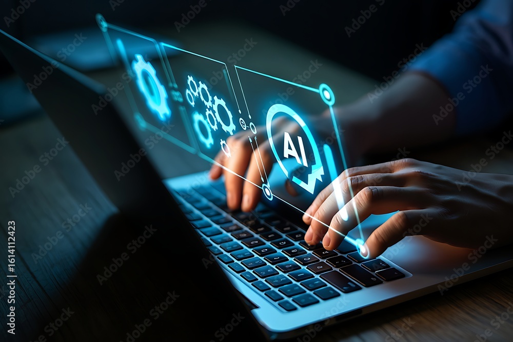 Poster close up of a person s hands typing on a laptop with a futuristic holographic interface displaying a