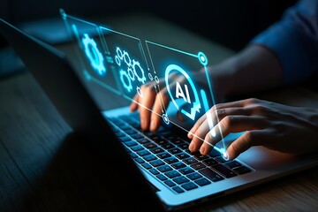 Close up of a person s hands typing on a laptop with a futuristic holographic interface displaying ai and technology icons representing digital innovation and artificial intelligence