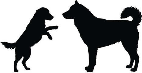 Silhouette of standing dog, jumping pet dog, furry tail dog vector, black canine graphic, isolated animal shape illustration, vector design