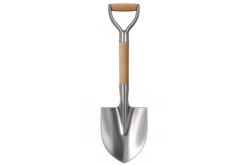 Clean and new shovel with wooden handle and metallic blade on transparent background, ideal for gardening and construction projects