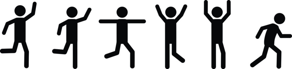 Stick figure dancing poses, black silhouette icons, energetic movement, joy expression, celebratory gesture, jump motion, character animation, isolated vector set