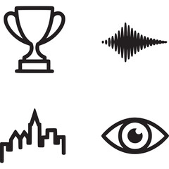 Four black and white icon set: trophy, sound wave, cityscape, eye on transparent background